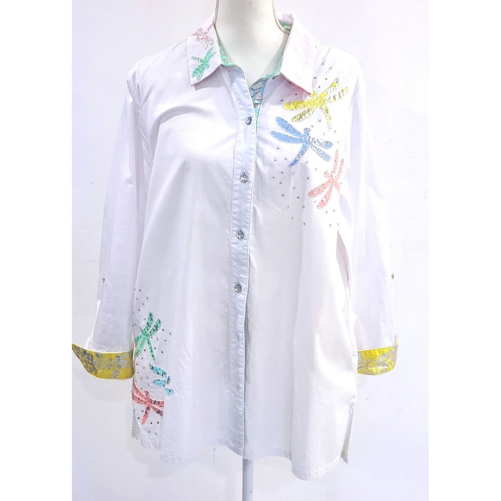 Berek Womens XL White Dragonfly Applique Rhinestone Metallic Button Front Tunic